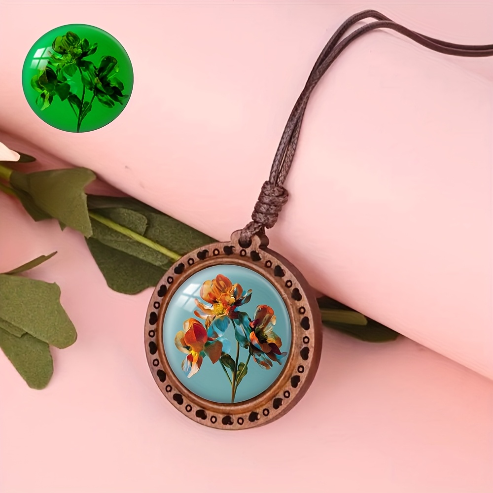 Artistic Floral Wooden Pendant Necklace, Luminous Style